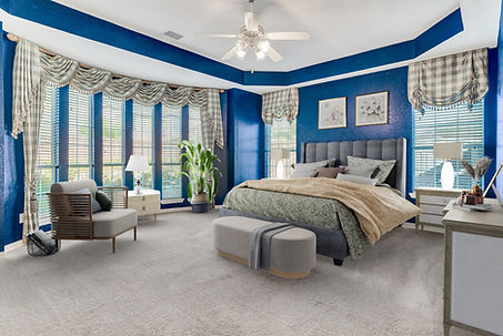 Blue room with big windows edited to have furnitures and decorations added virtually