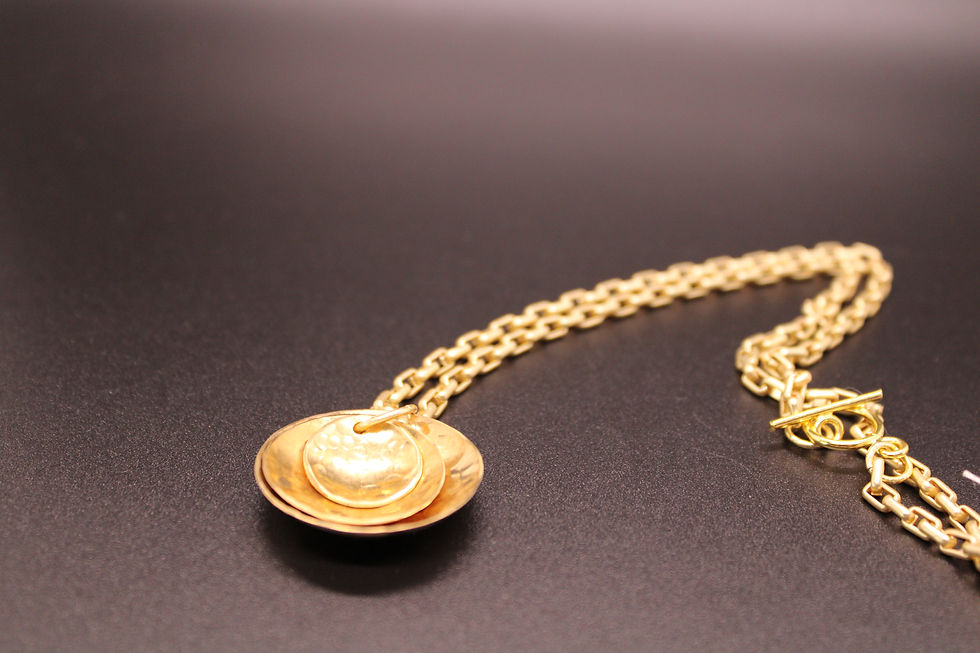 Thumbnail: Gold Plated 18” chain with handmade hammered triple disc pendant