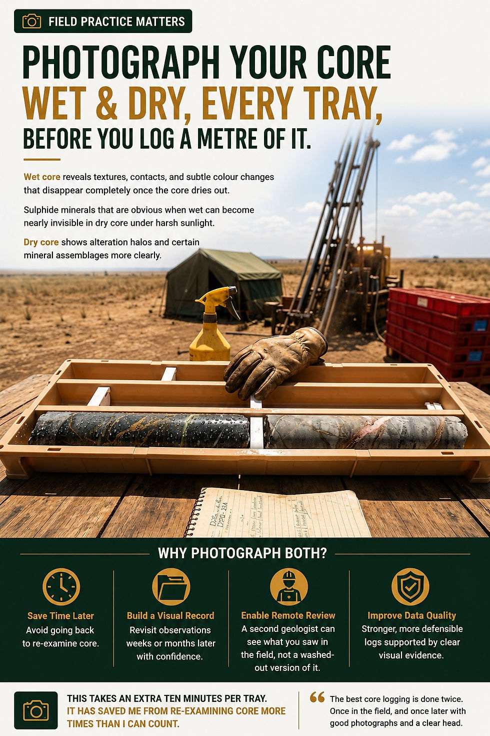 A simple field practice that can save hours of re-examination later: photograph your core — wet and dry, every tray.