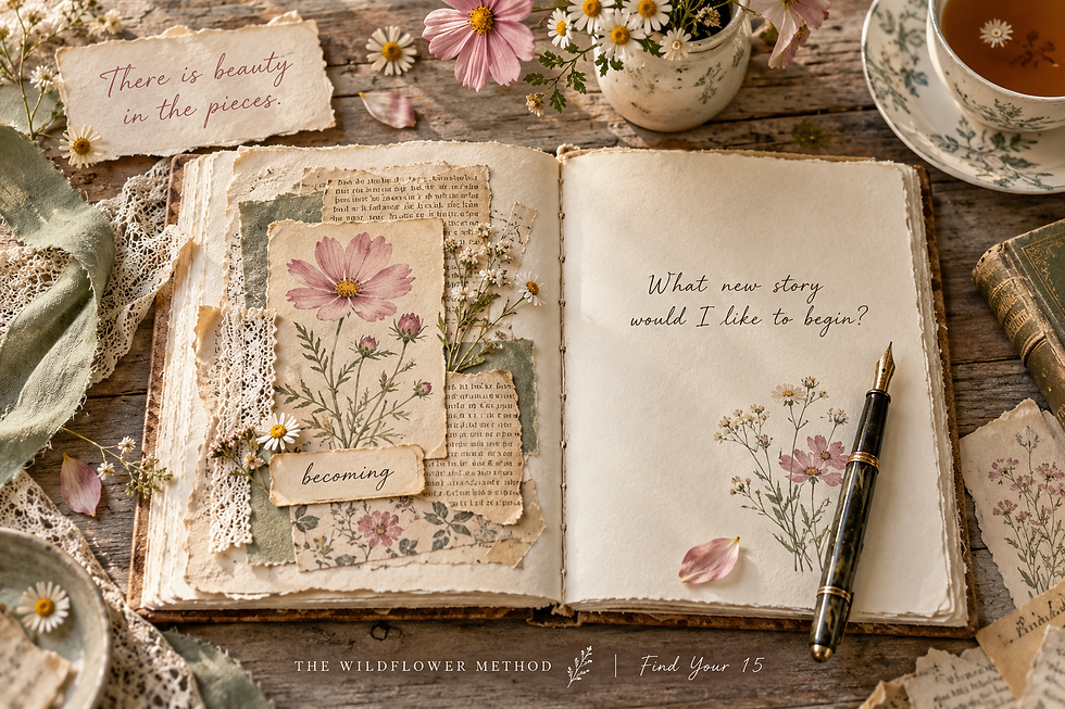 Botanical book page collage beside a journal prompt asking what new story I would like to begin.