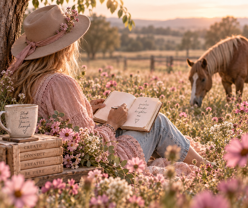 Woman journaling beside a horse in a wildflower field