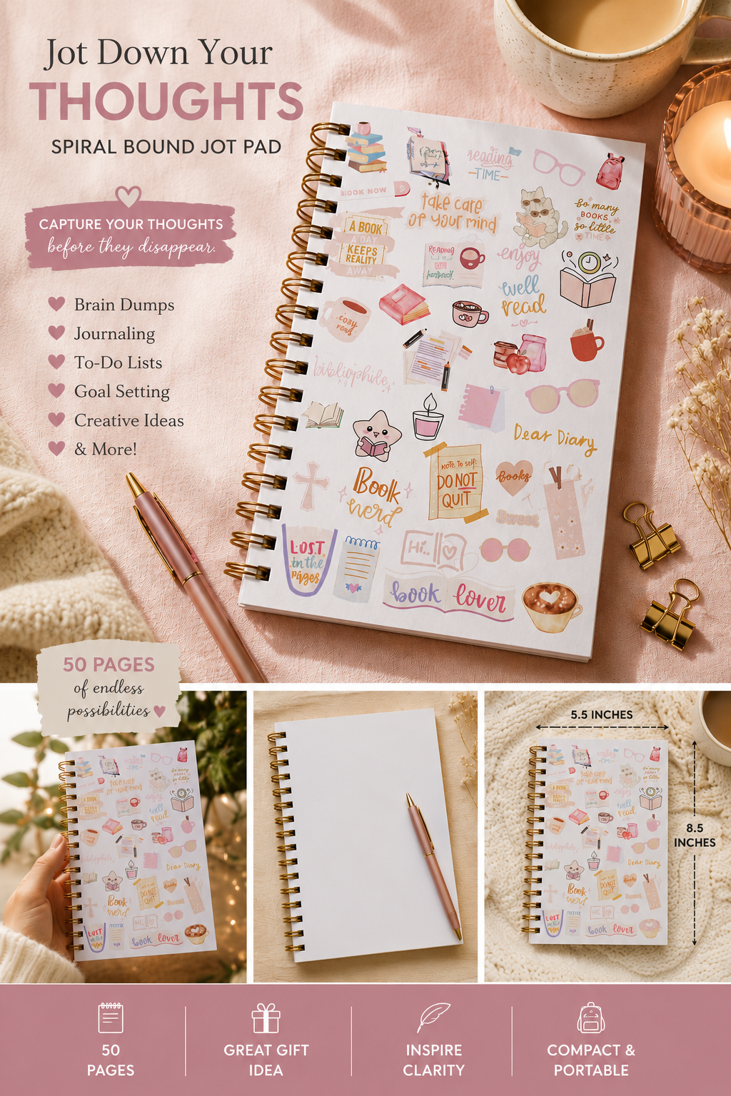 Pastel spiral-bound book lover jot pad with cozy reading aesthetic