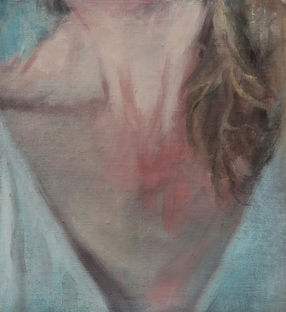 Peinture du haut du dos d'une personne, fond bleu clair. annesophiefontenelle