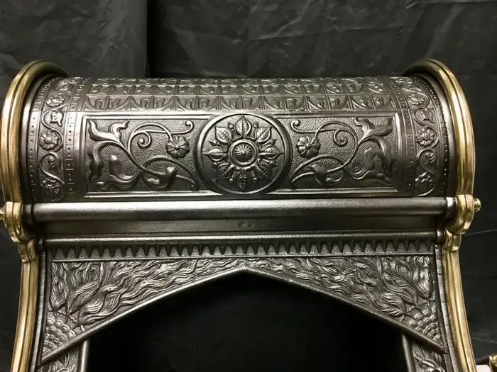 Thumbnail: Large Renaissance Manner Antique Cast Iron and Bronze Hooded Fire Basket Grate