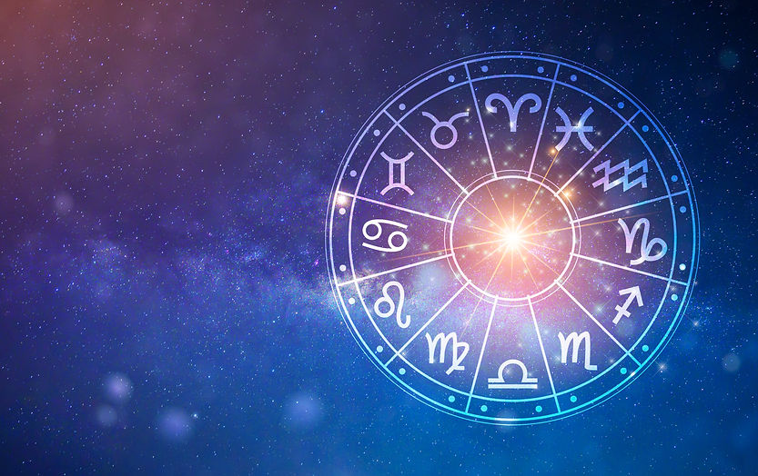 Zodiac signs inside of horoscope circle. Astrology in the sky with many stars and moons a