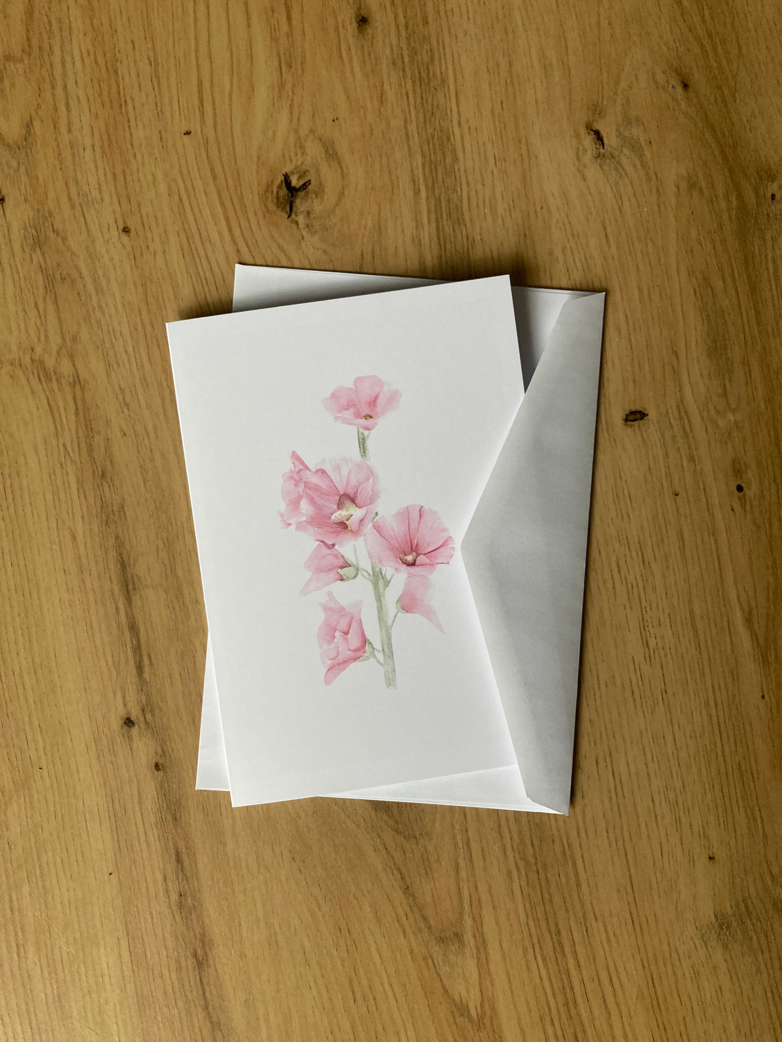 Floral Greeting Card – White and Pink Floral Design, A5, Blank Inside+Envelope