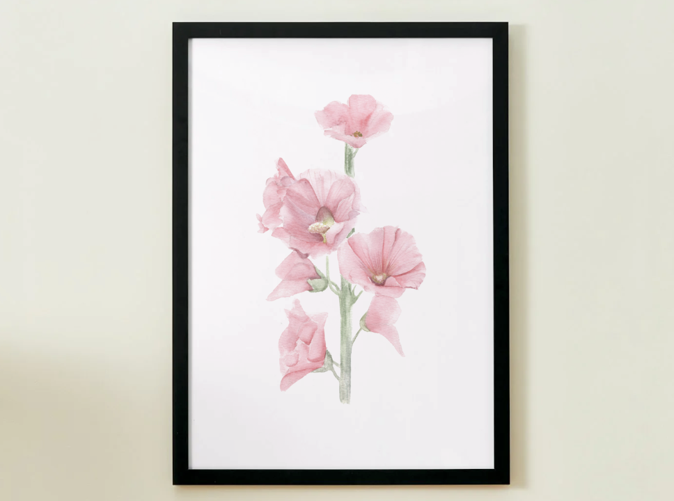 Hand Painted Hollyhock Poster, Wall Art Decor, Floral Watercolour Print, Medium