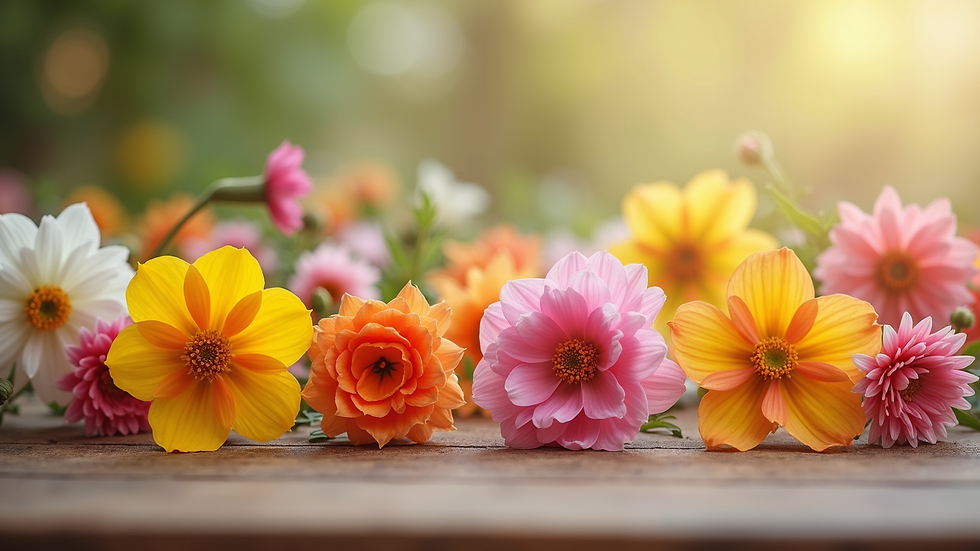 Vista a nivel de ojo de un ramo colorido de flores frescas sobre una mesa de madera