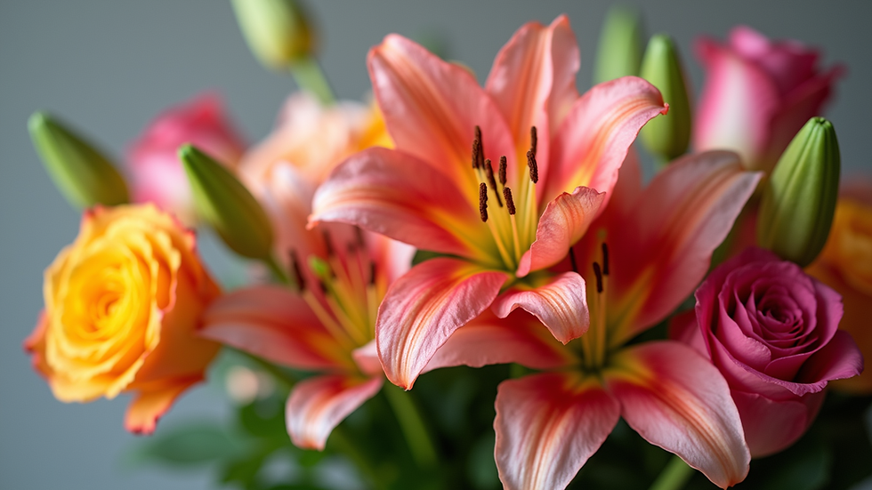 Close-up view of a colorful bouquet of roses and lilies