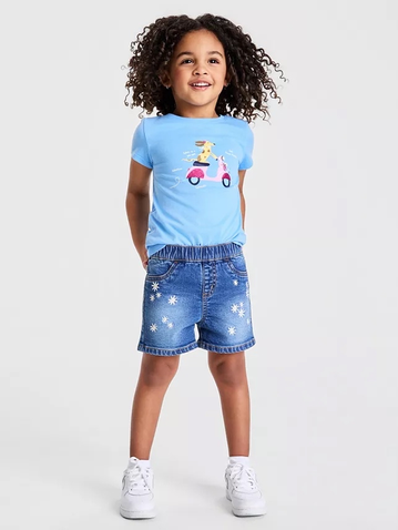 Medium Wash Denim Short with Embroidered Flowers (Toddler Girl)