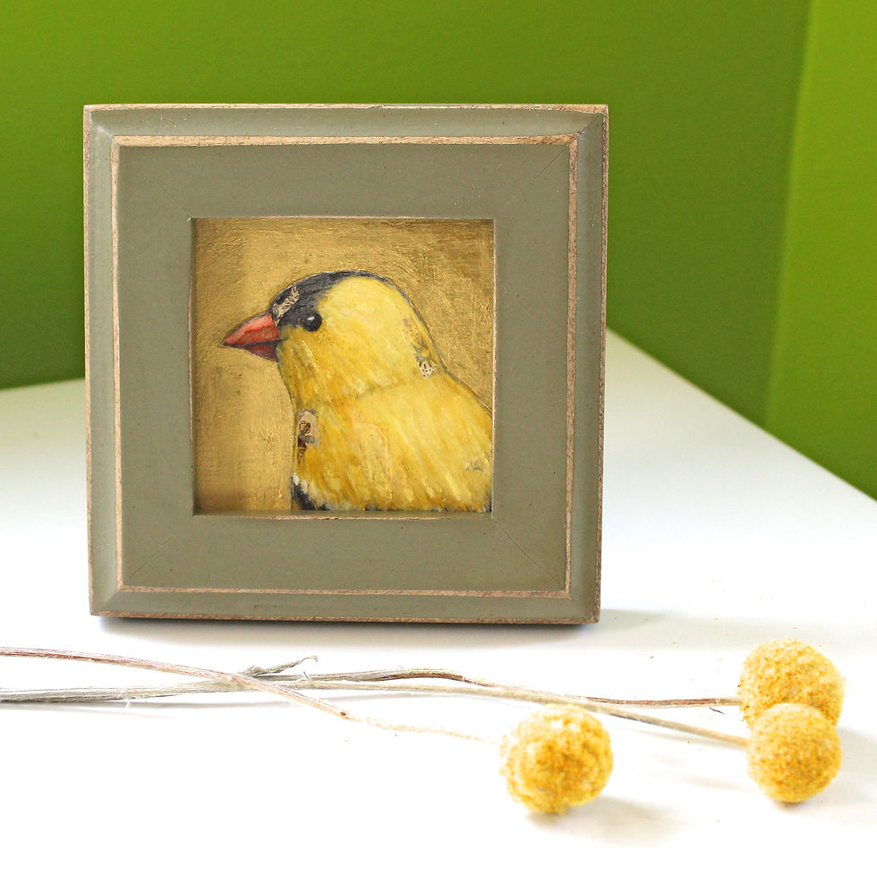 Thumbnail: Goldfinch Painting: Little Bird on Wood in Distressed Khaki-Green Wood Frame