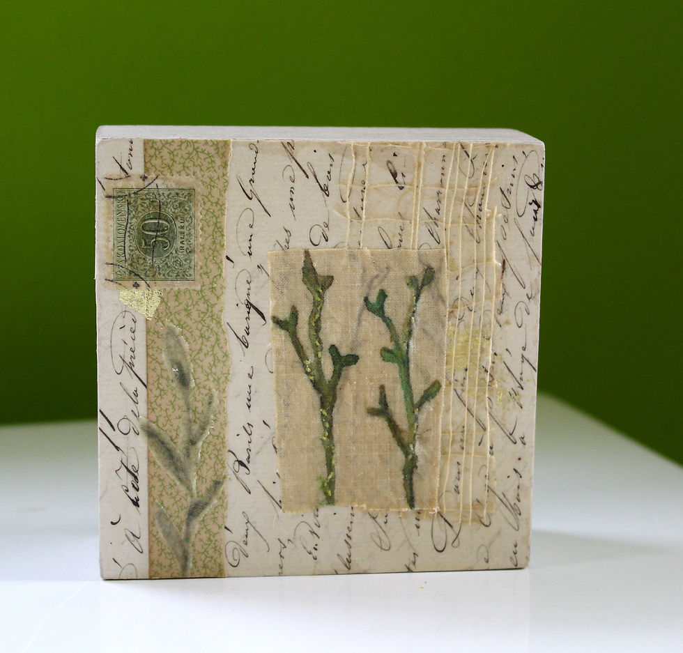 Thumbnail: original green plants sprigs collage painting on wood with antique paper fabric