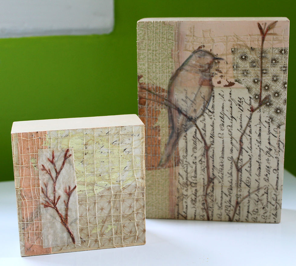 Thumbnail: peach green rose gold bird on branch collage painting wood antique paper vellum