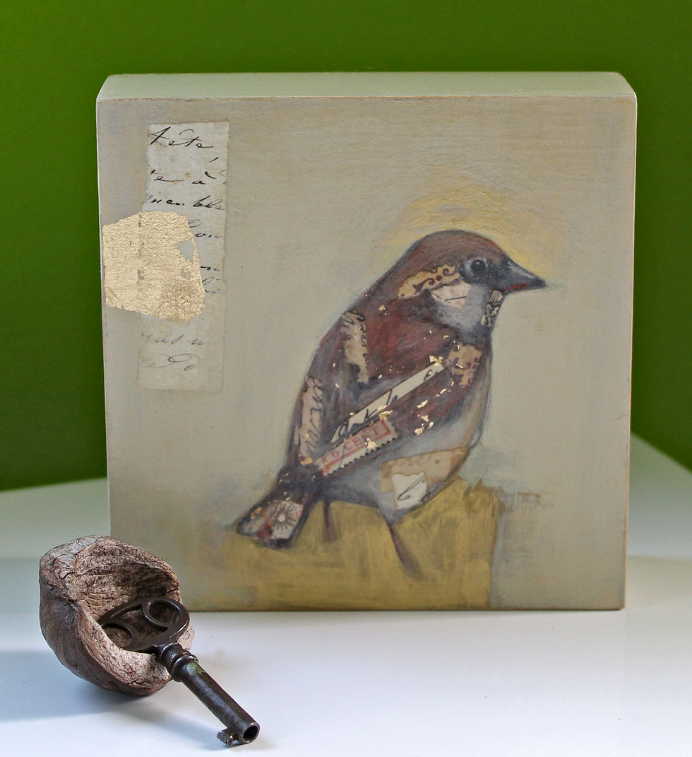 Thumbnail: original soft toned sparrow bird painting wall art on wood common house sparrow
