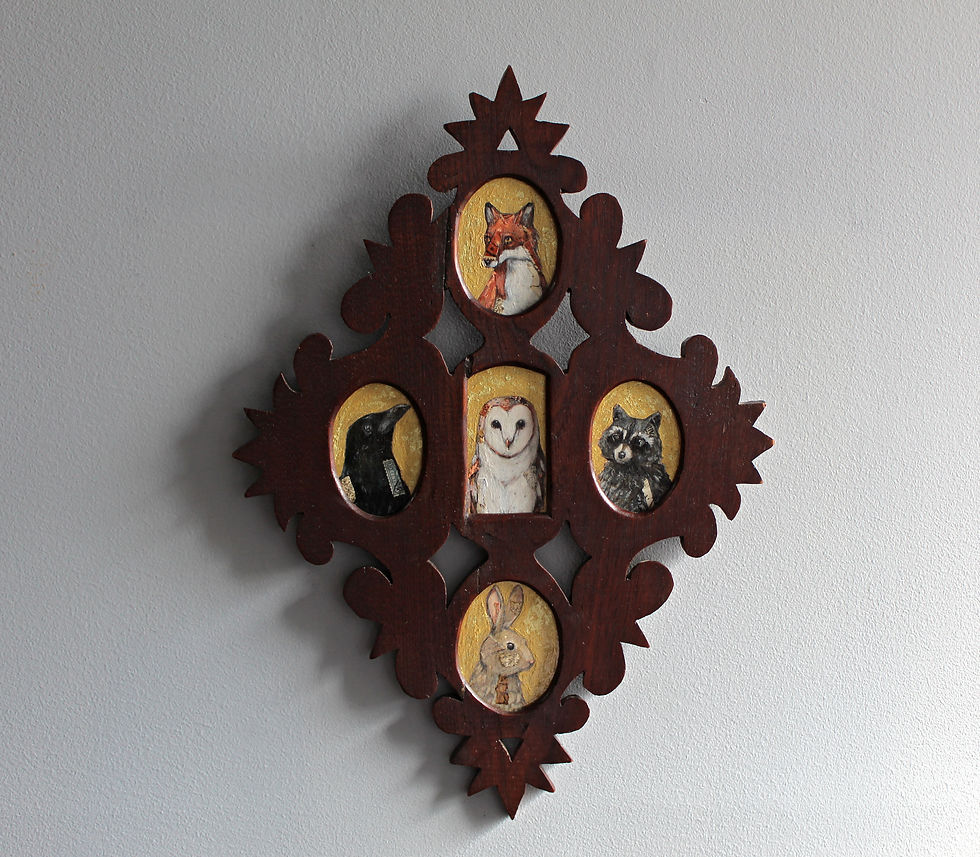 Thumbnail: Fox, Crow, Raccoon, Owl, Rabbit: Portrait Paintings in 1880s Carved Wood Frame