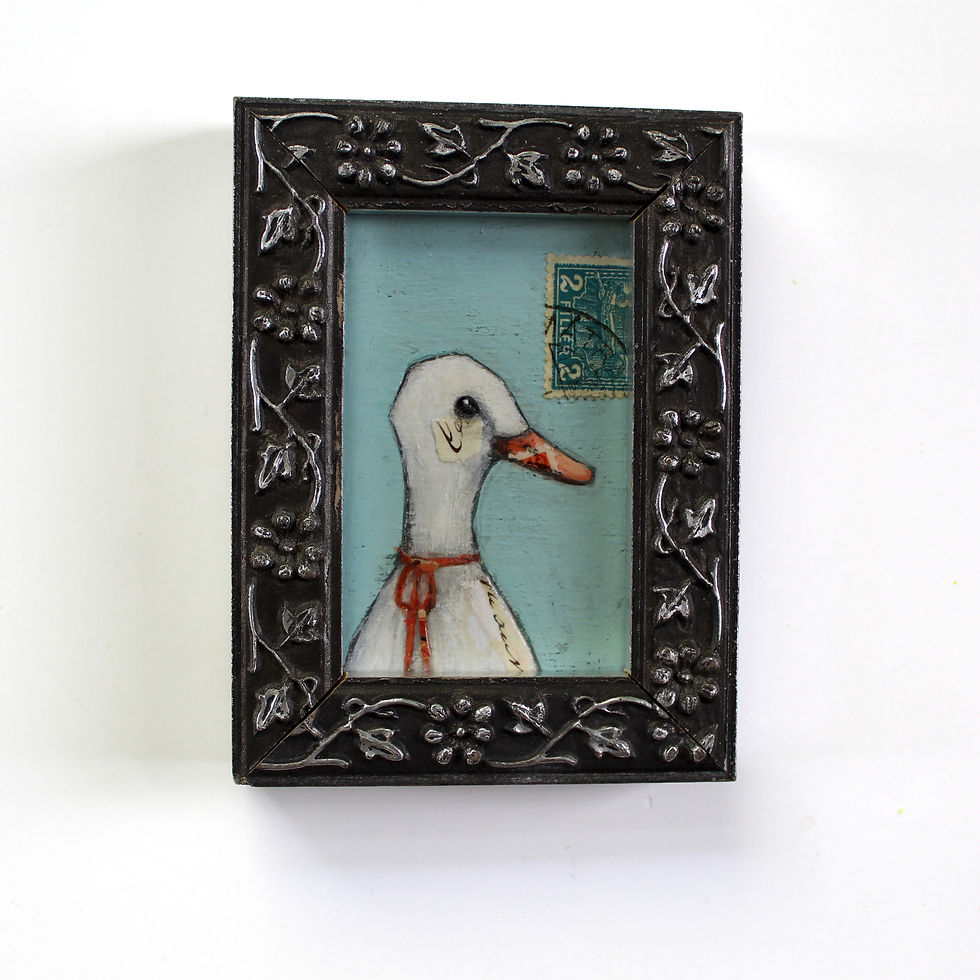 Thumbnail: original little white duck bird painting on wood in vintage silver floral frame