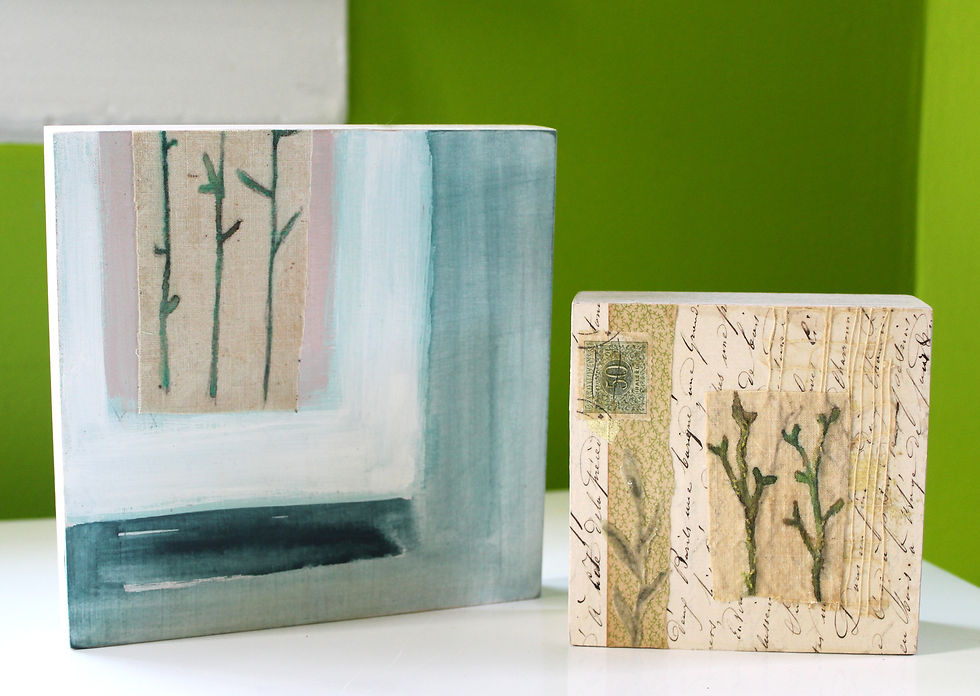 Thumbnail: peaceful collage: plant stems on antique fabric, abstract painting on wood