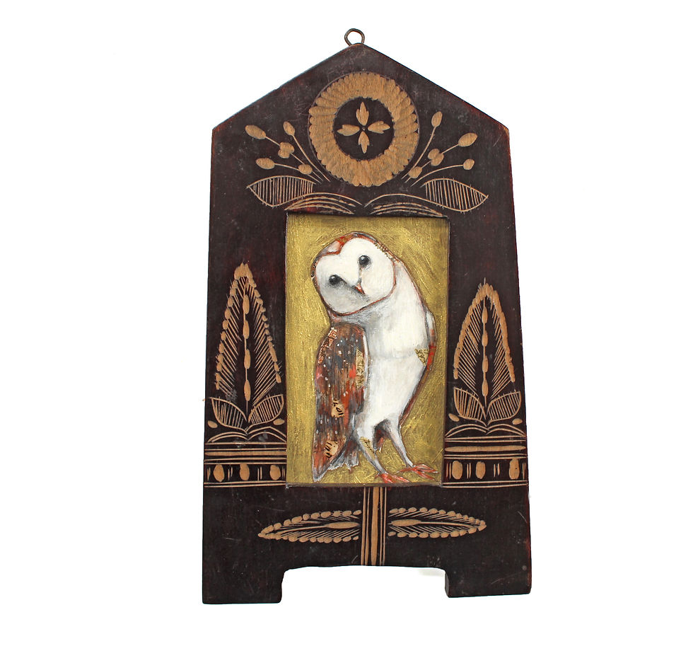Thumbnail: Barn Owl Painting: Antique Arts and Crafts Era Wood Frame Cottagecore Owl Decor
