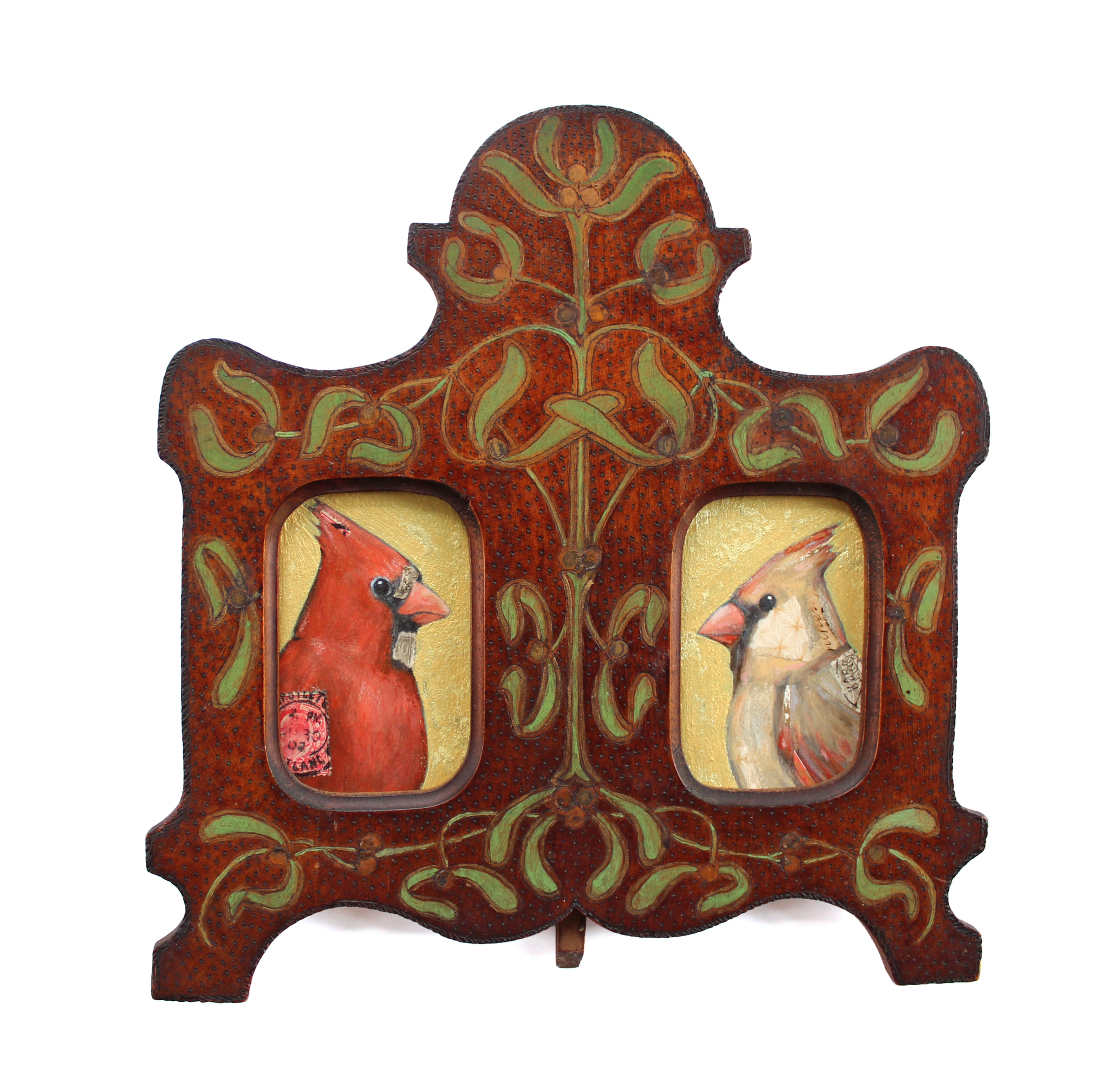 Cardinal Couple of Birds Painting: Antique Art Nouveau Mistletoe Wood Frame
