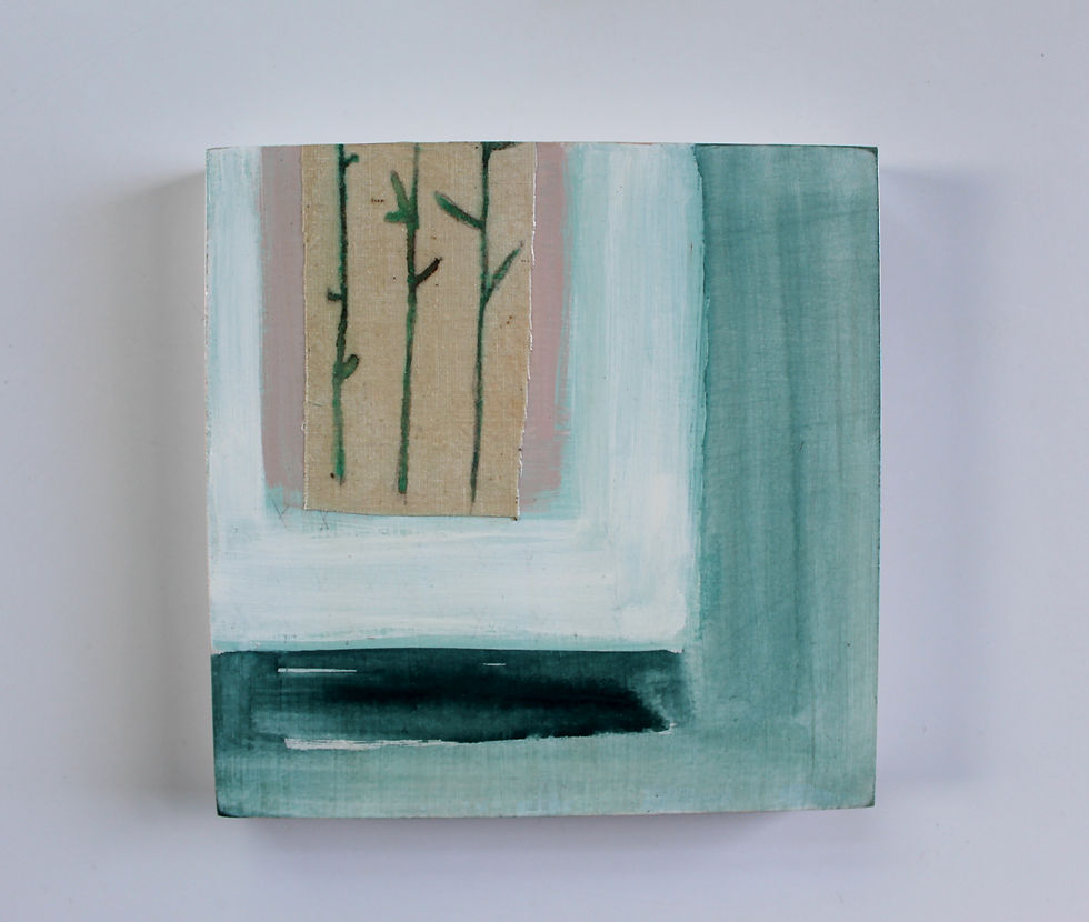 Thumbnail: peaceful collage: plant stems on antique fabric, abstract painting on wood