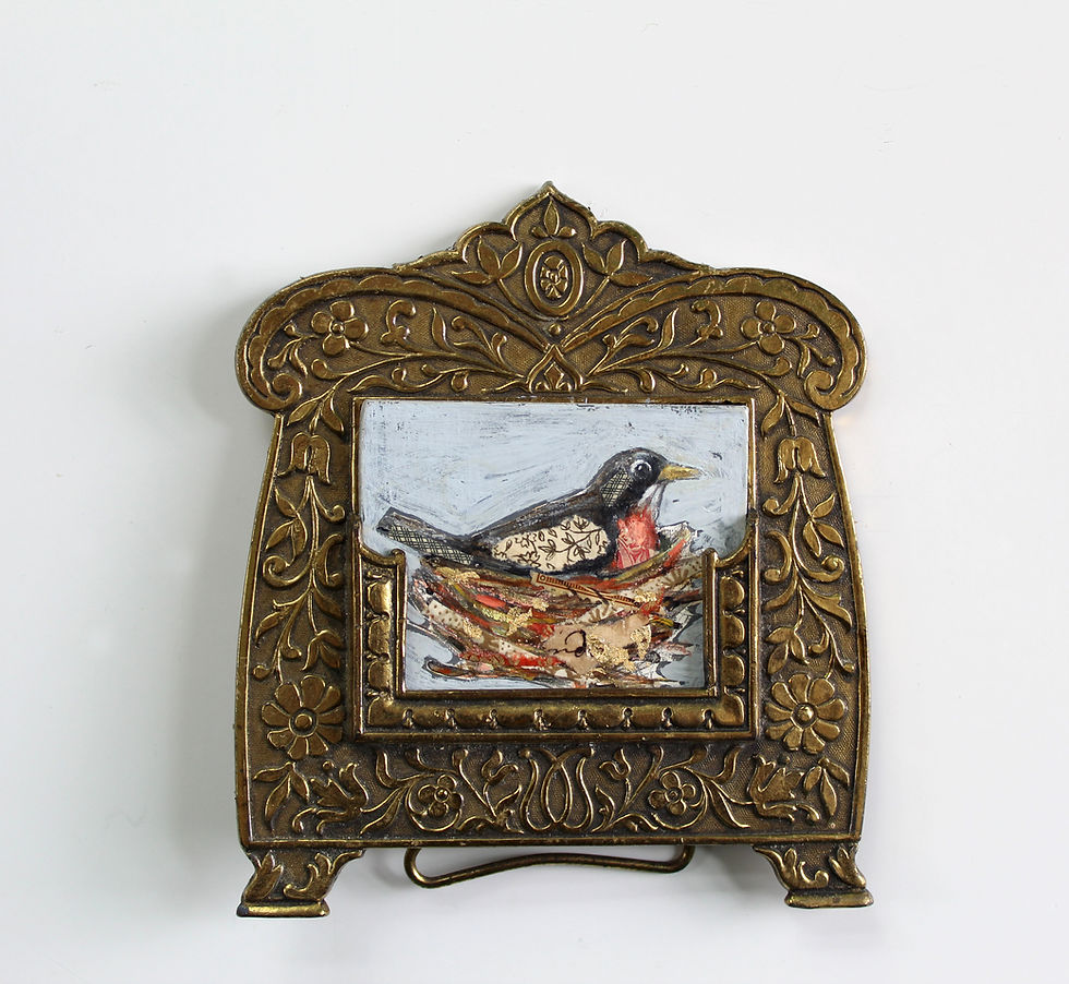 Thumbnail: original robin bird on nest painting wood in victorian art nouveau brass frame