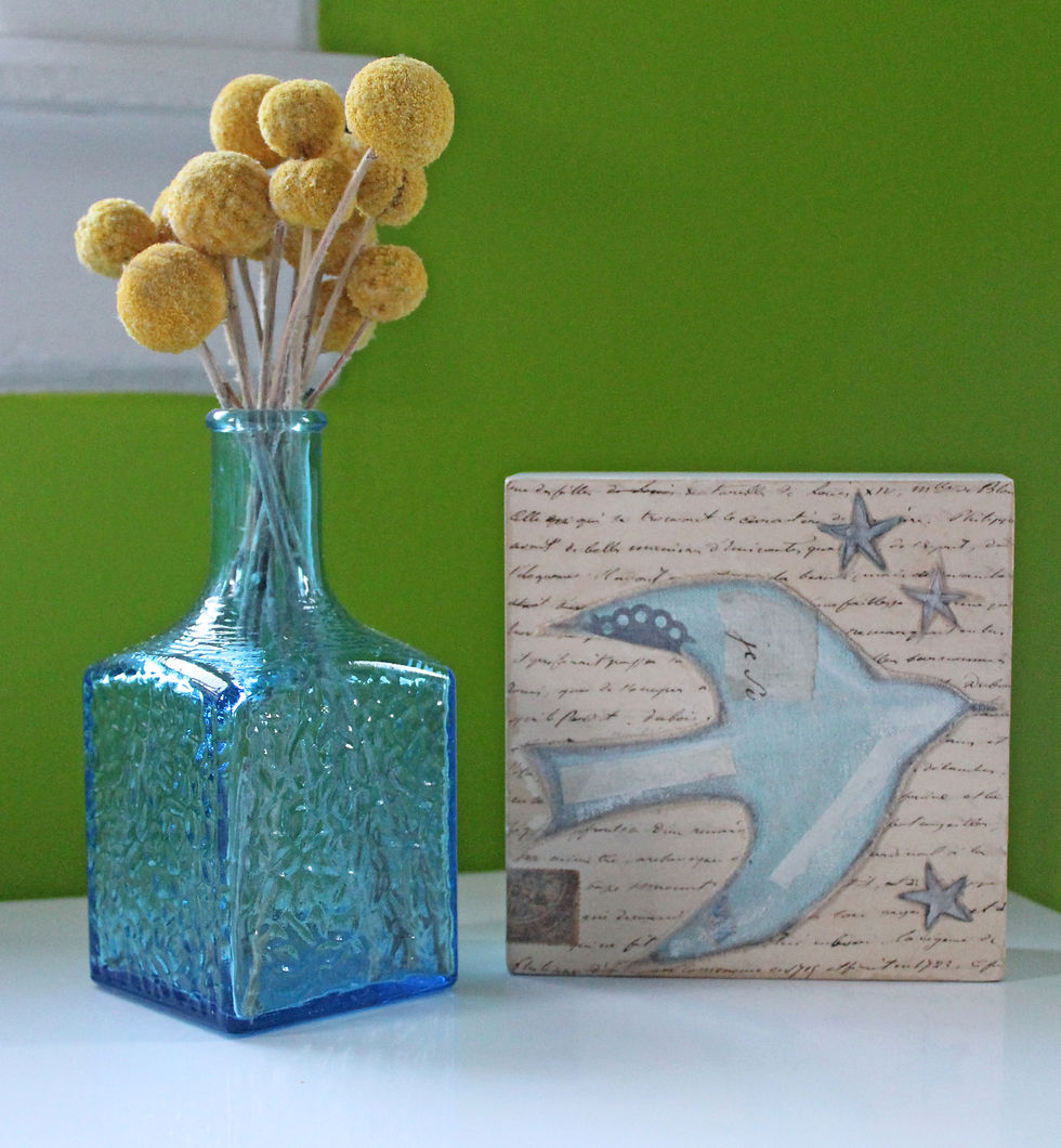 Thumbnail: Flying Bird Collage Painting: Antique Paper, Silver Stars on Wood, Peaceful