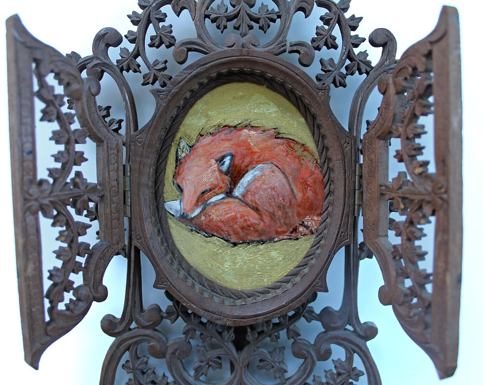 Thumbnail: Sleeping Fox Painting: Original Art in 1800s Wood Easel Frame with Hinged Doors