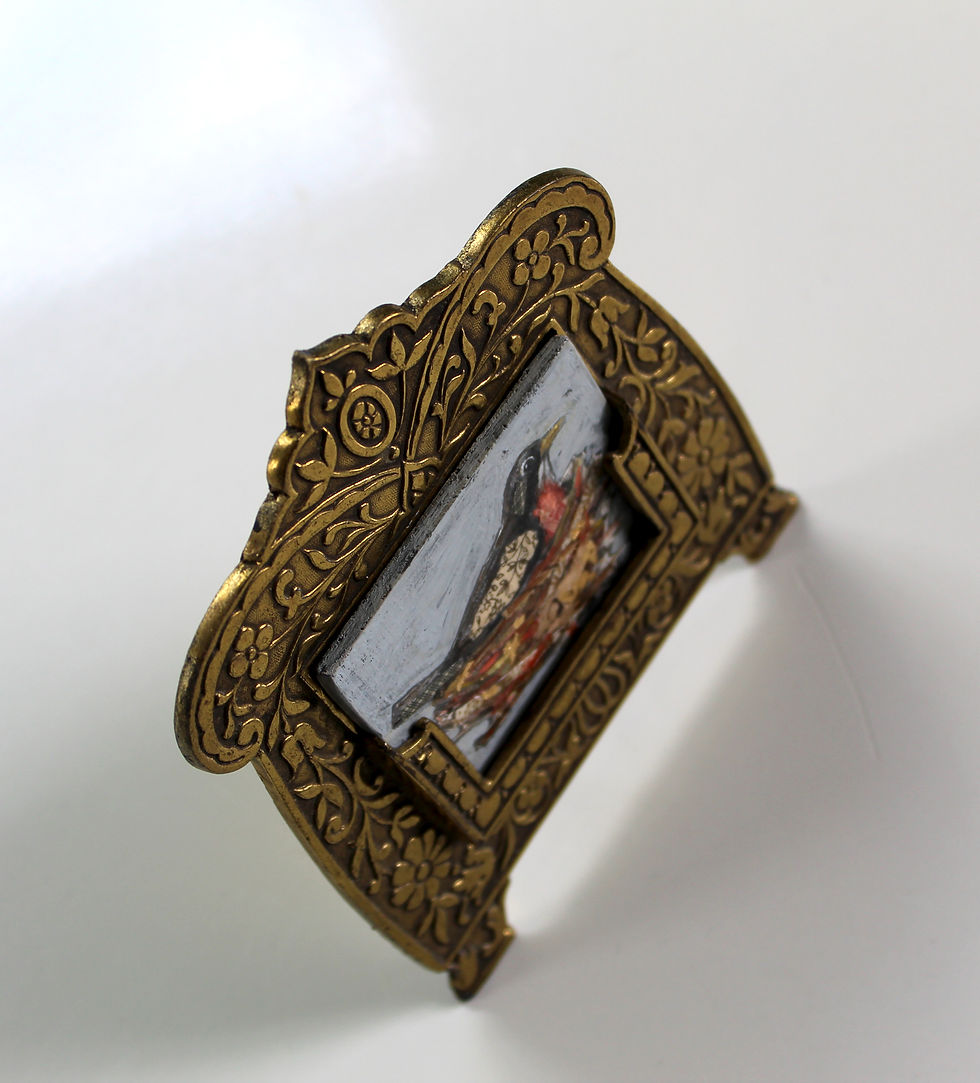 Thumbnail: original robin bird on nest painting wood in victorian art nouveau brass frame