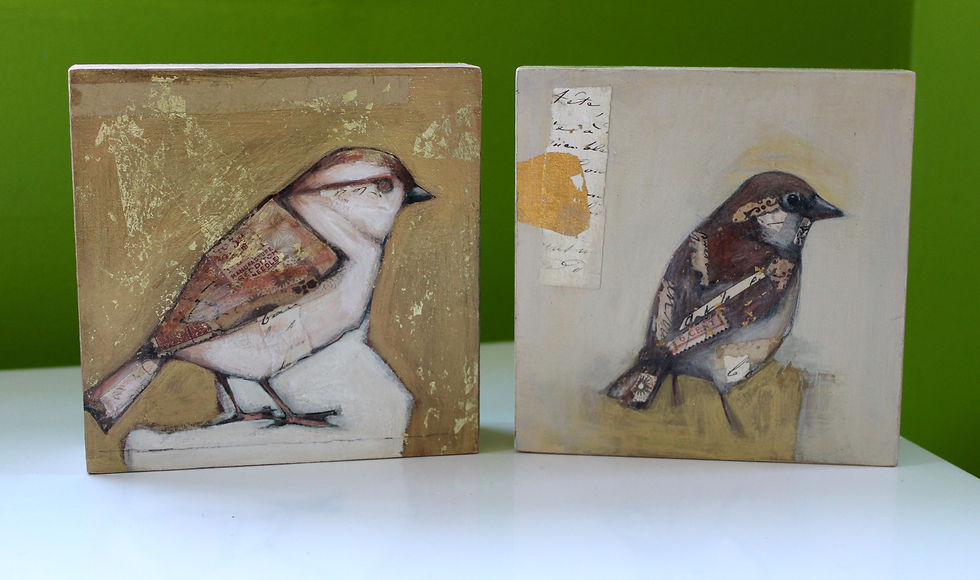 Thumbnail: soft tone sparrow bird painting original a2n2koon wall art on wood cream gold