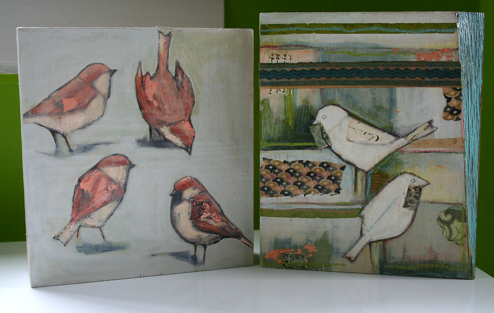 Thumbnail: original soft sparrows bird flock painting textured wall art on reclaimed wood