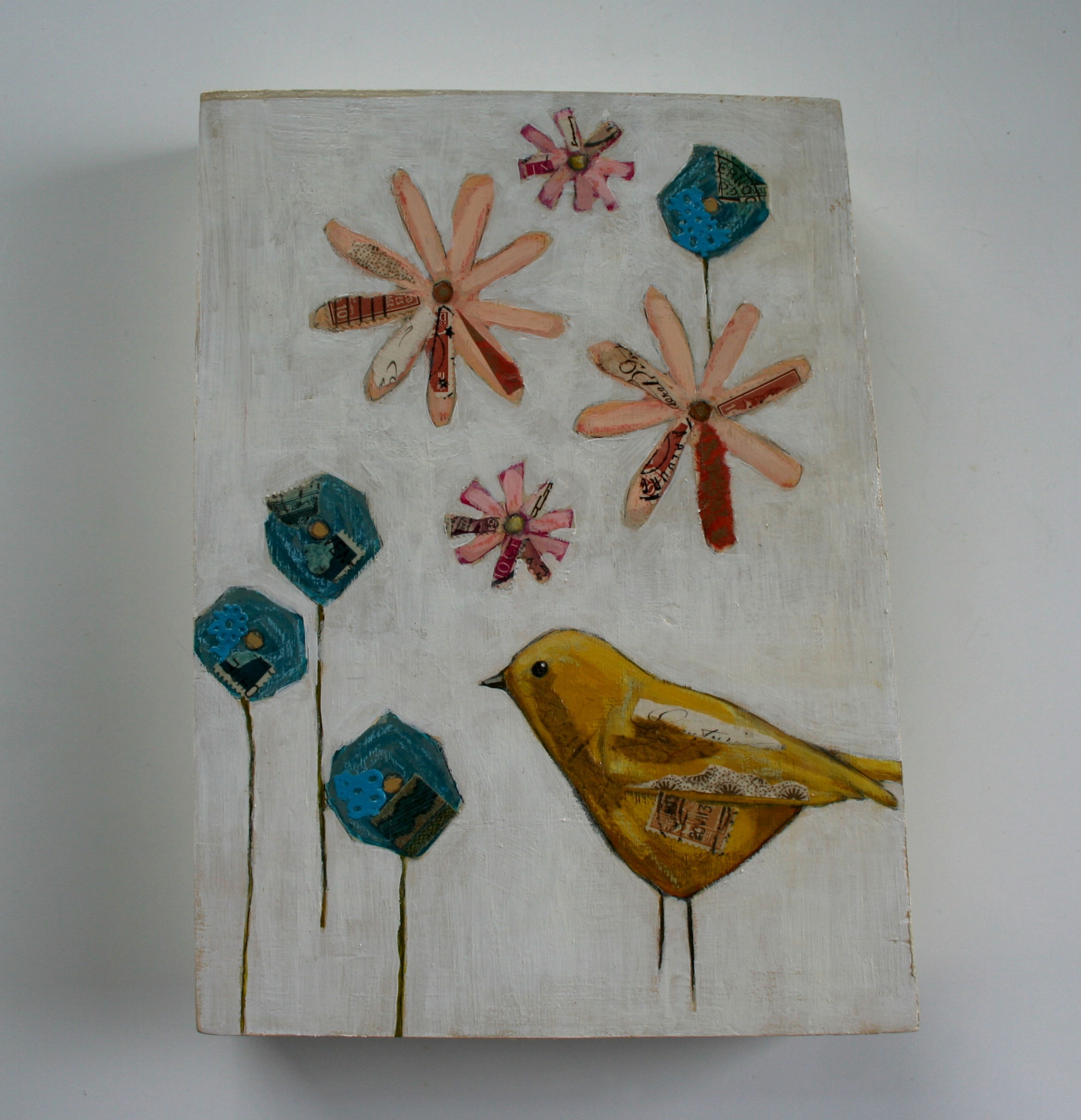 original yellow bird colorful vintage paper flowers painting texture wall art