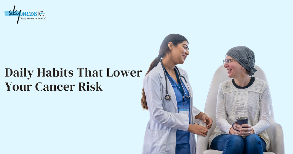 Doctor and patient share a joyful moment. Patient wears a headscarf, holding a mug. Text: "Daily Habits That Lower Your Cancer Risk." Light blue background.