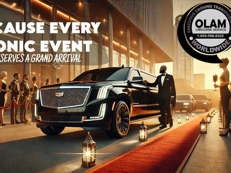 Professional chauffeur in black suit opens the door of a luxury black limousine as elegantly dressed guests arrive at a high-end event venue during golden hour.