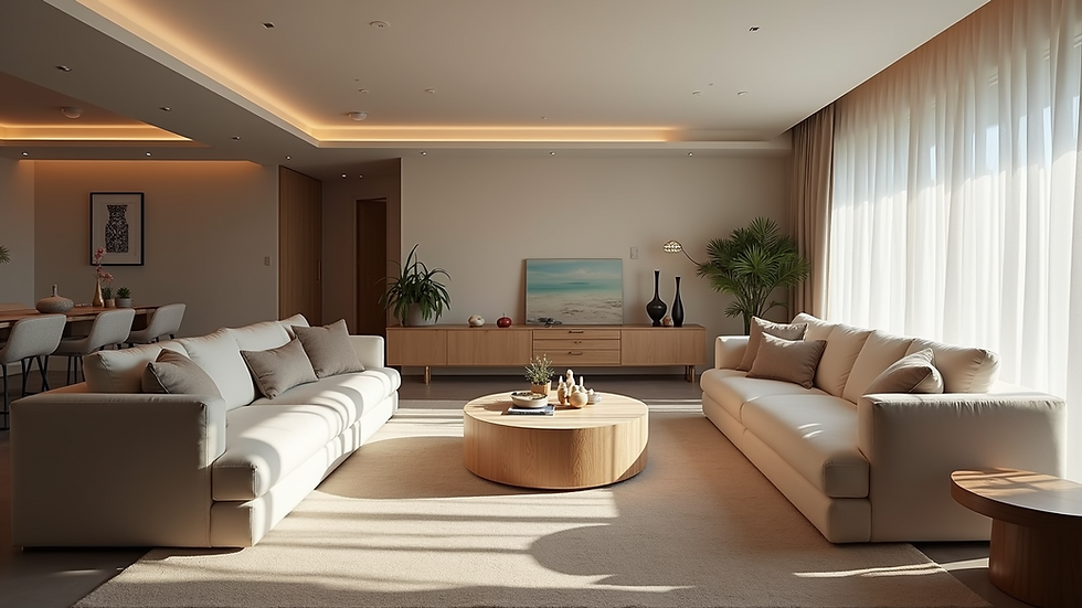 Eye-level view of a spacious open-concept basement living area