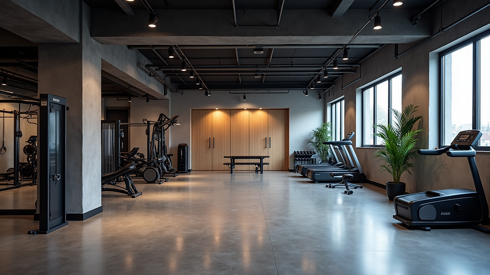 Wide angle view of a modern multifunctional basement fitness and workspace area