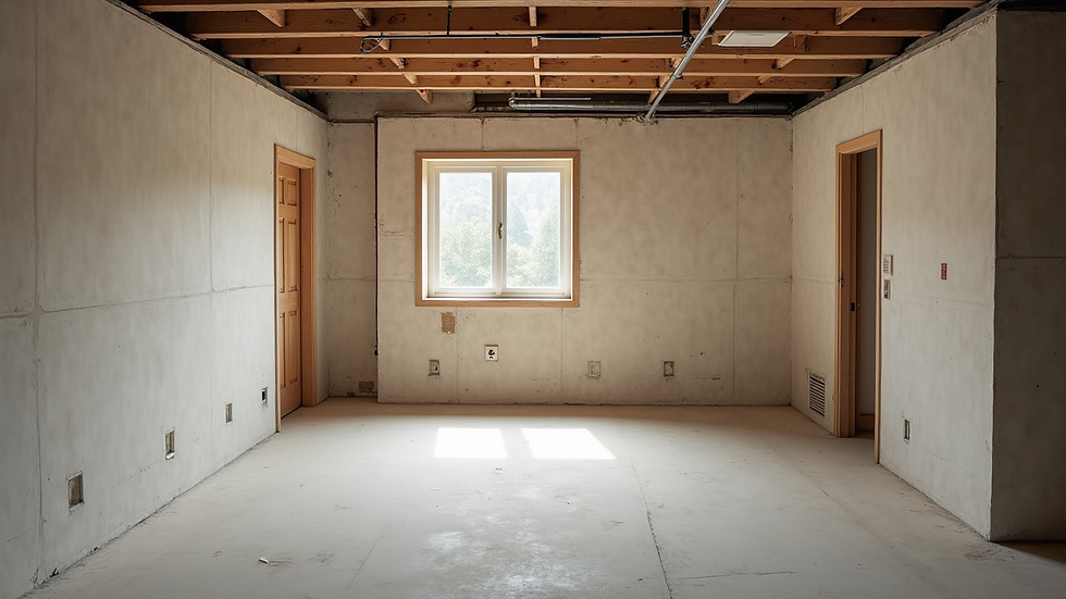 High angle view of a basement with partially completed renovations and unfinished walls