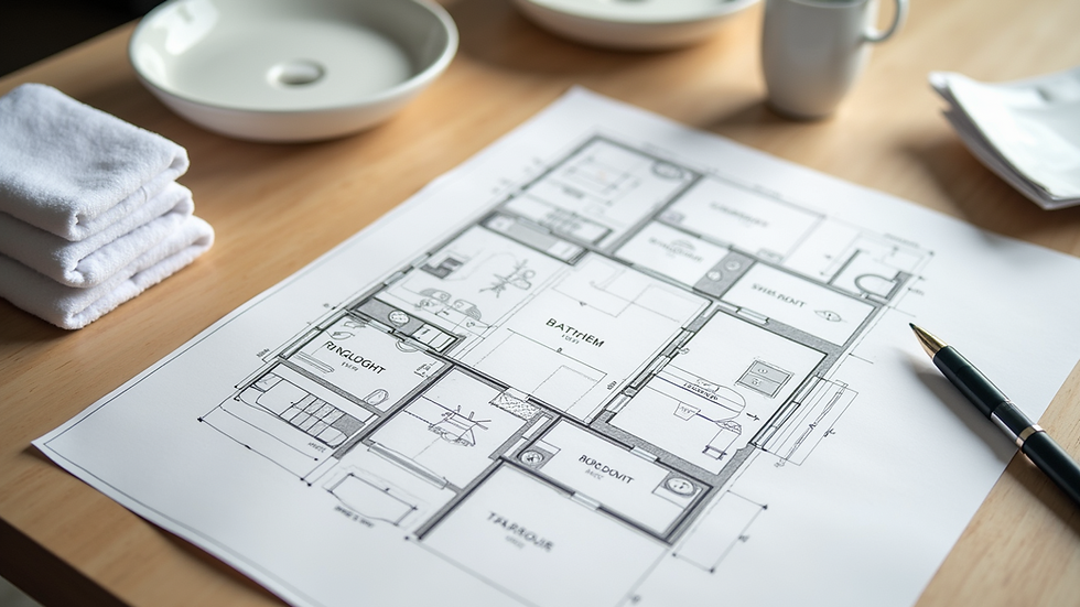 Eye-level view of a modern bathroom layout plan on a table
