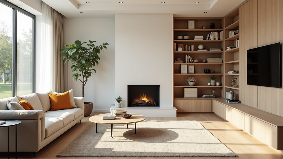 High angle view of a bright living room with open floor plan and built-in shelves
