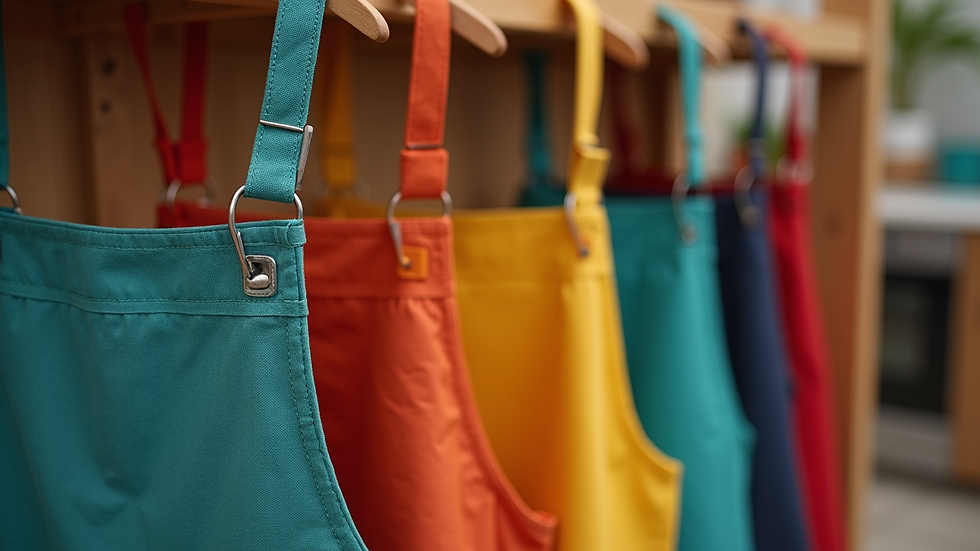 Eye-level view of a colorful personalized apron hanging on a wooden rack