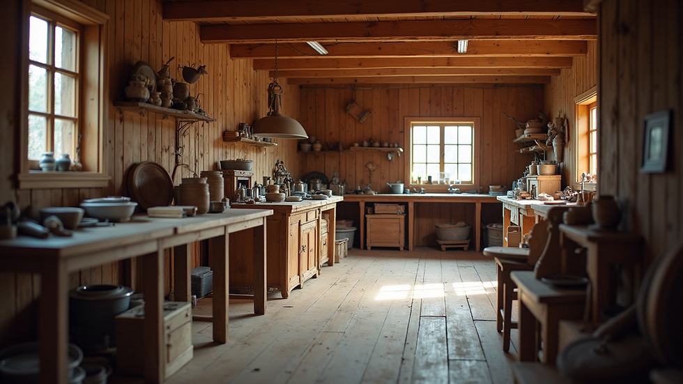 Eye-level view of a traditional wooden workshop in Bjurträsk