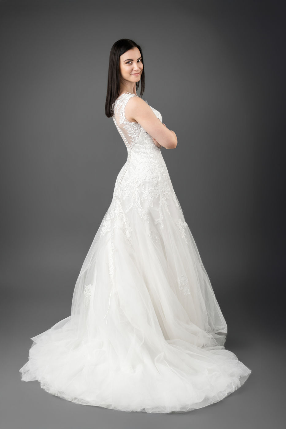 Thumbnail: Designer bridal gown photographed at Enso Brautkleider studio Zurich back