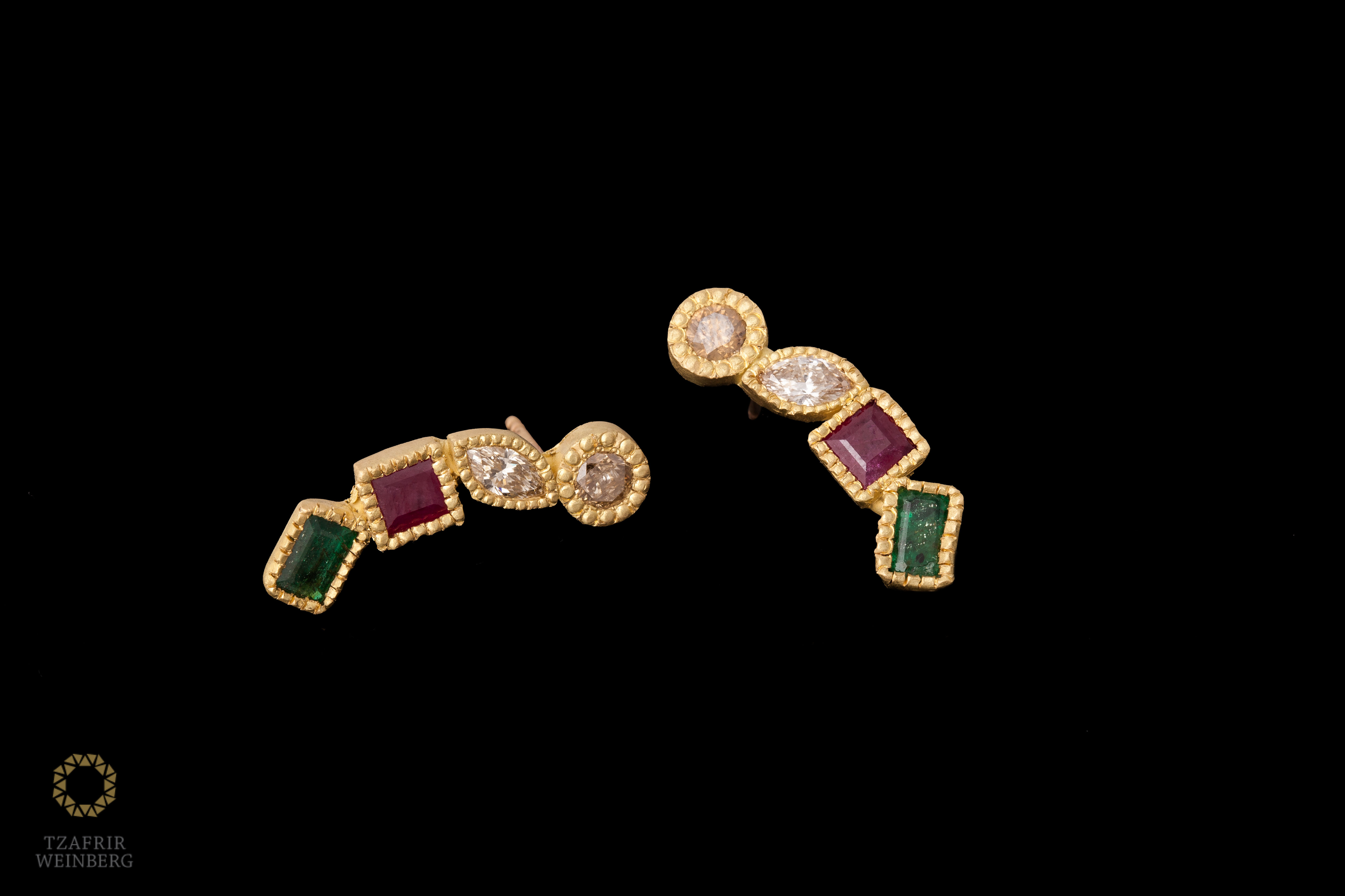 Gold earrings with Ruby, Emerald and Champagne diamonds
