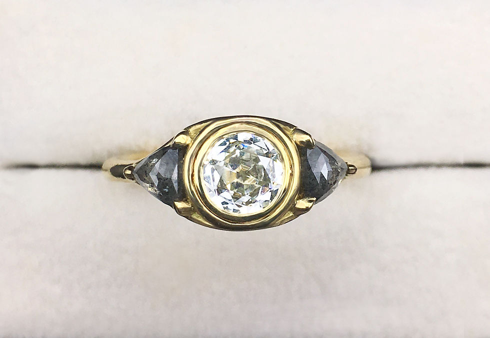 Thumbnail: Bespoke Rose Nouveau Diamond Engagement Ring with Rose-Cut Triangular Gray Diamonds in 18k Yellow Gold; Flip Ring; Old Euro