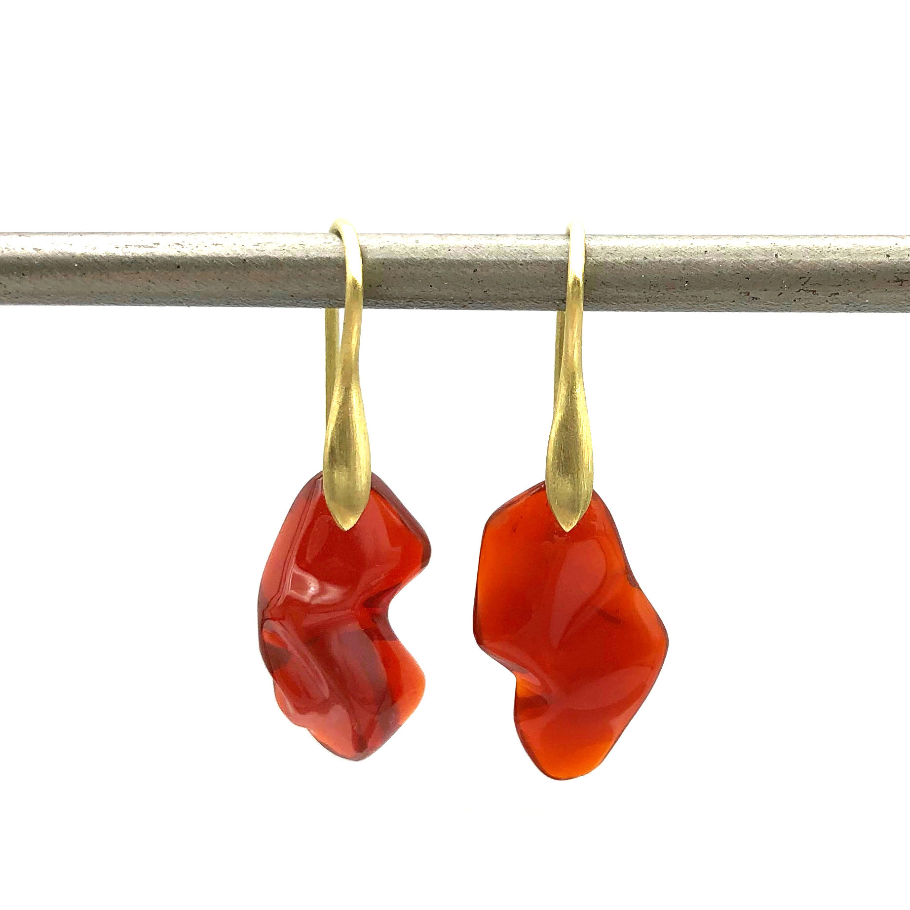 Dancing Red Mexican Fire Opal Earrings in 18k Recycled Yellow Gold