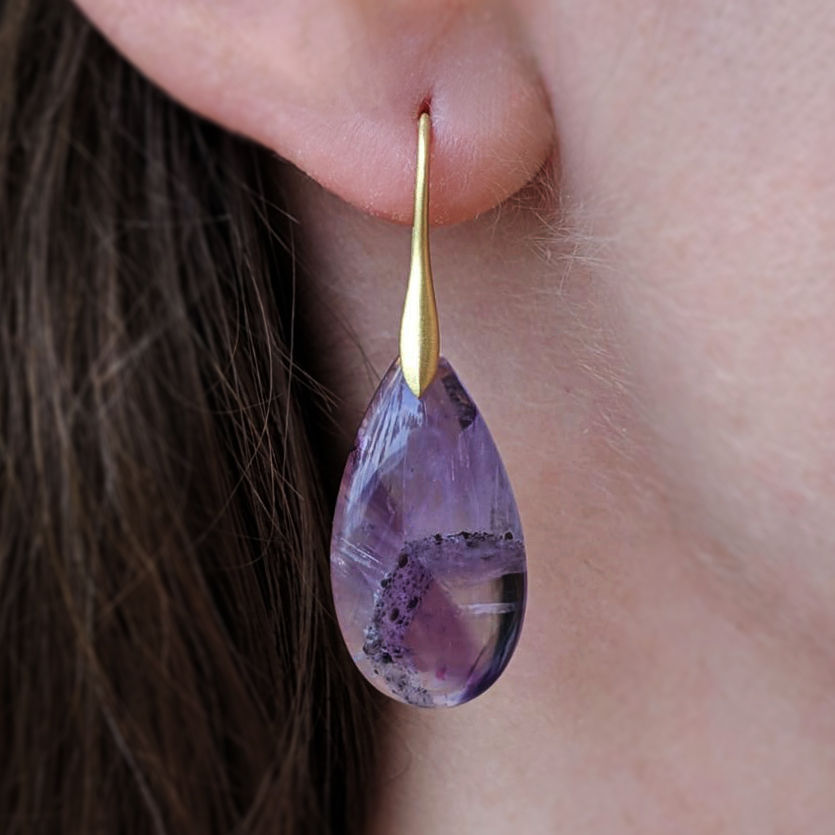 Thumbnail: Natural Amethyst Formation Earrings in 18k Recycled Yellow Gold