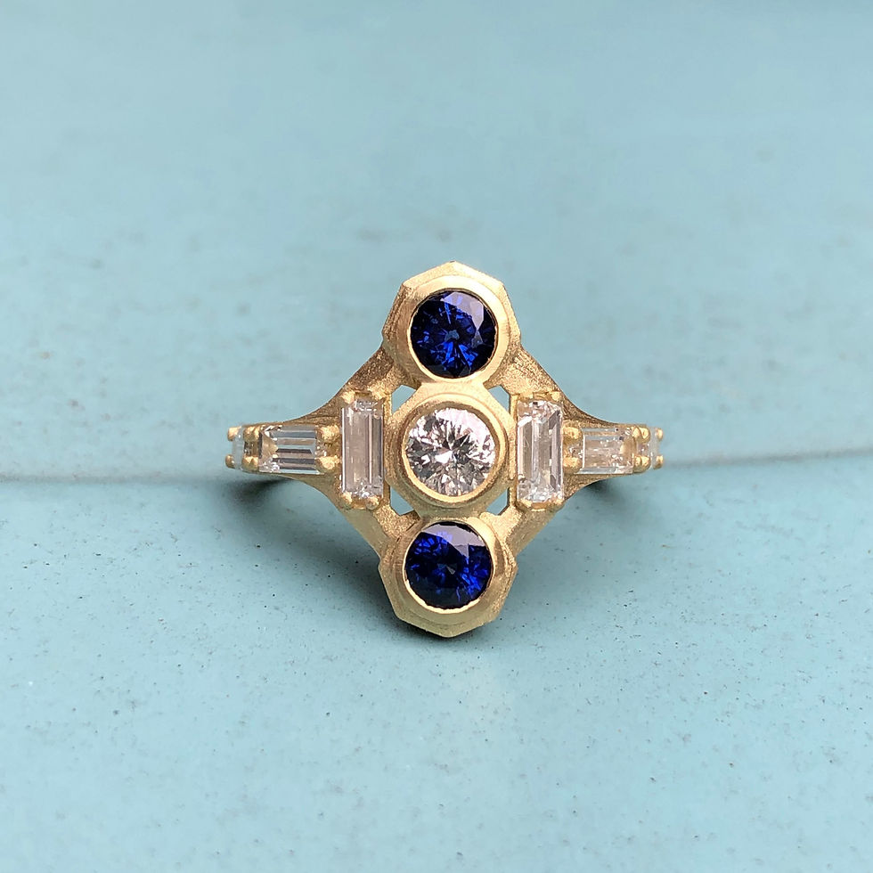 Thumbnail: Custom Sapphire, Round Brilliant Cut Diamond and Baguette Deco-Inspired Ring in 18k Recycled Gold; Heirloom Jewelry Redesign