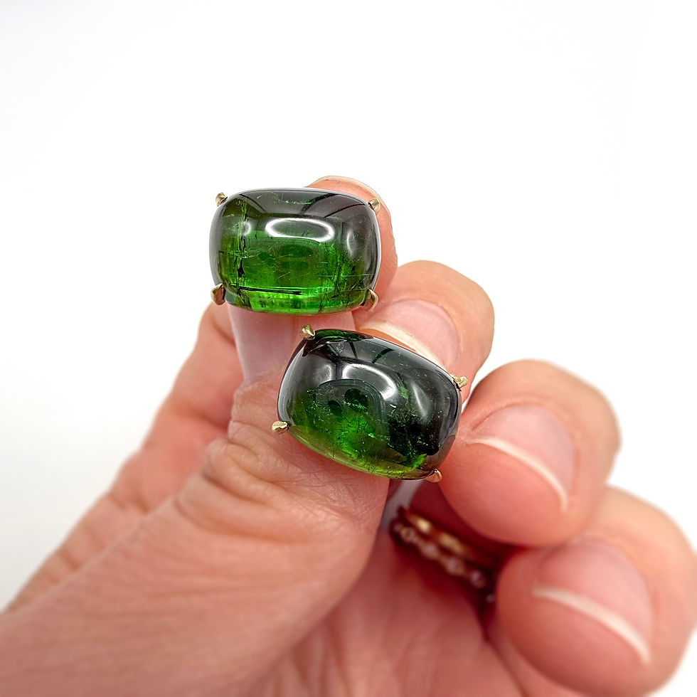 Thumbnail: Green Tourmaline Rectangular Cabochon Earrings in 18kyg