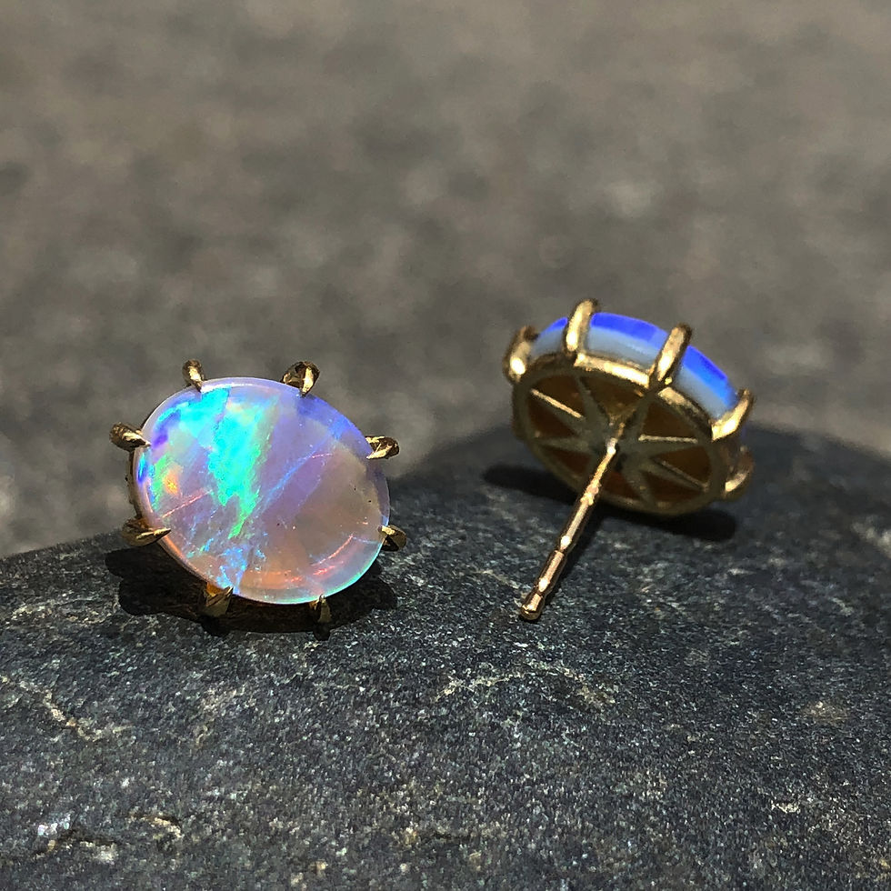 Thumbnail: Custom Oval Australian Blue Opal Stud Earrings with 8-Prong Detail in 18k Recycled Yellow Gold