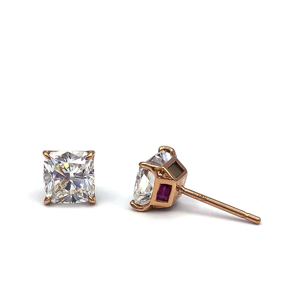 Thumbnail: Cushion Cut Diamond Stud Earring in 18k Rose Gold with Mother of Pearl and Ruby Inlay