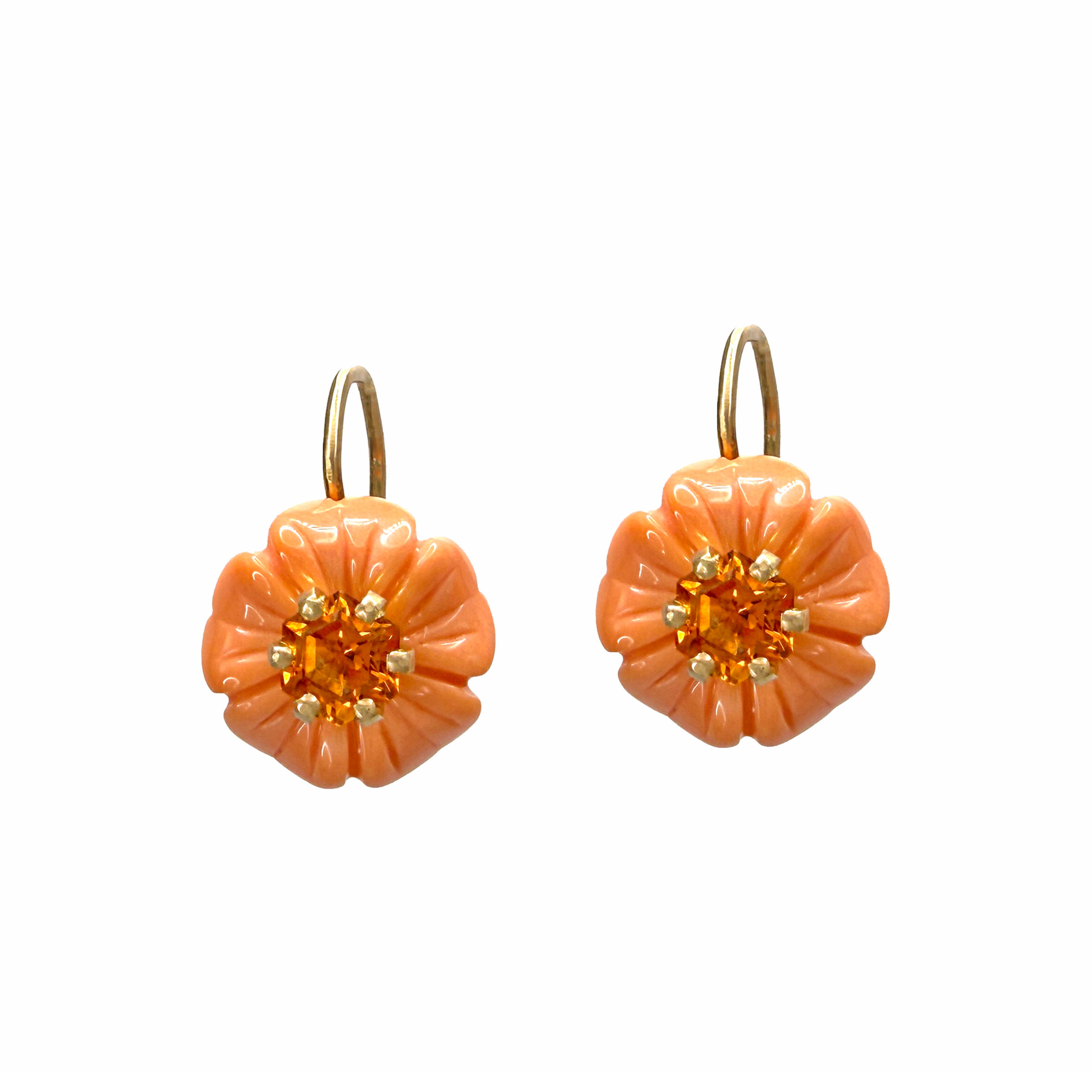 Coral and Citrine Flower Drop Earrings in 18kyg